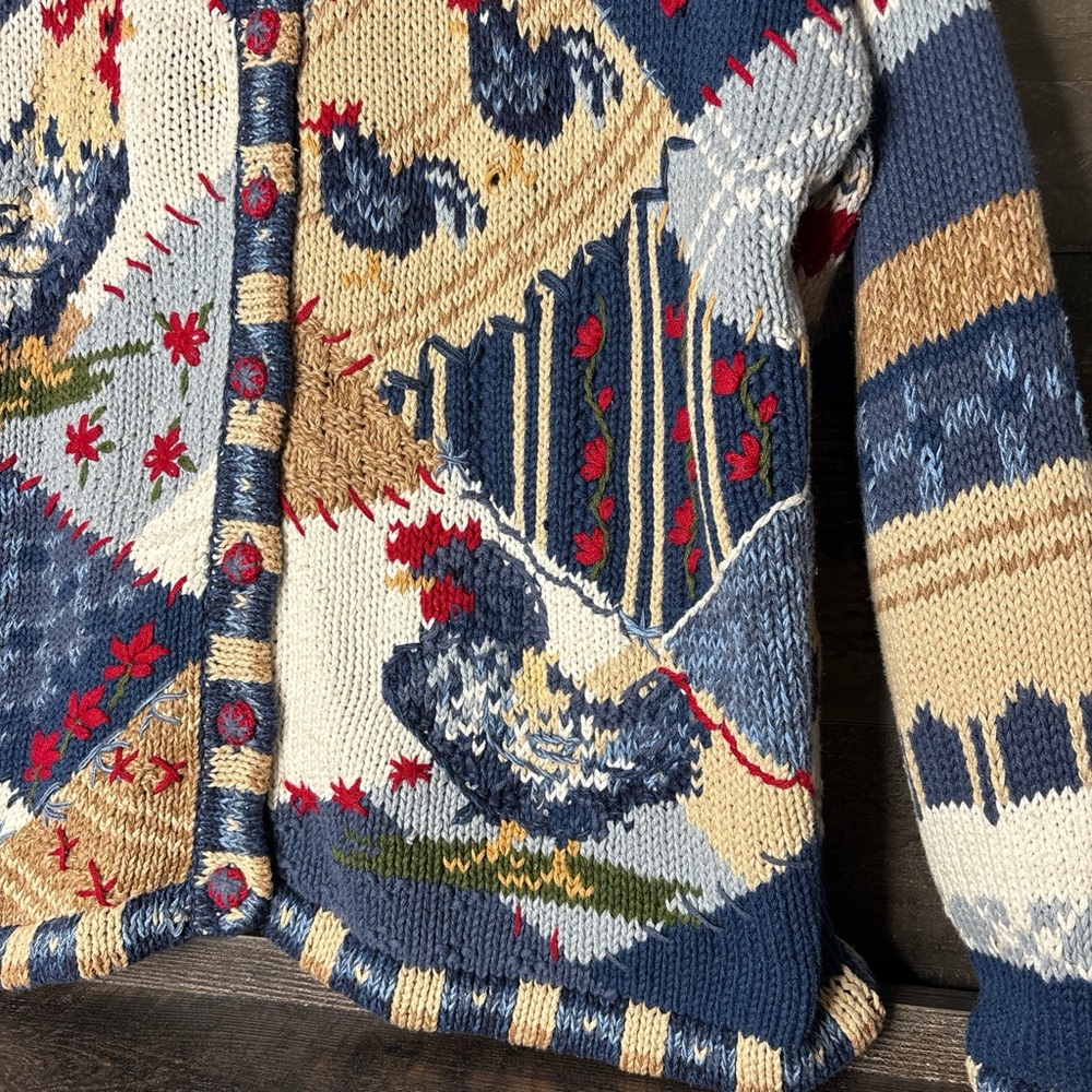 Patchwork Rooster Cardigan Sweater - Blue/Cream - image 3